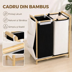 HOMCOM Coș de Rufe 2 Compartimente 120L cu Capace, Buzunare Laterale, Saci Detașabili pentru Dormitor | Aosom Romania