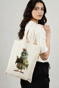 Sacosa de Panza pentru Cumparaturi, Geanta Tote, model Reading Birdie 2 38 x 34.5 cm, Alba, BEKZ®