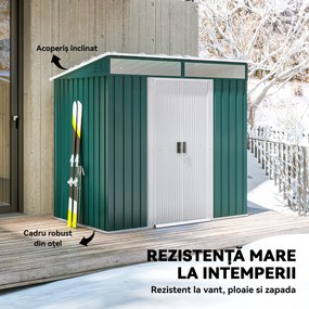Outsunny Căsuță de Grădină pentru Unelte cu Bază, Ferestre, Încuietoare și Ușă Culisantă, 195x122x181,5/160 cm, Verde | Aosom Romania