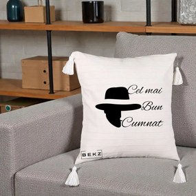 Cadou pentru Cumnat - Perna Personalizata Cel mai Bun Cumnat cu Silueta Palarie, 40x40 cm, Bej cu Franjuri, Husa Detasabila, Perna Inclusa, BEKZ®