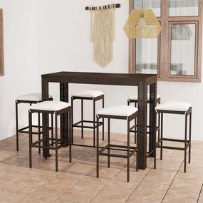 Set mobilier bar de gradina cu perne, 7 piese, maro, poliratan Maro, Lungime masa 140.5 cm, 7, Da