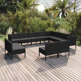 Set mobilier de gradina cu perne, 12 piese, negru, poliratan 3x colt + 9x mijloc, 1