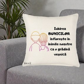 Cadou pentru Bunici - Perna Personalizata Iubirea Bunicilor Infloreste Cuplu Line Art Gradient, 40x40 cm, Crem Reliefat, Husa Detasabila, Perna Inclusa, BEKZ®