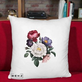 Perna Decorativa Buchet Trandafiri Bujori Botanical, 40x40 cm, Alb Pufos, Husa Detasabila, Perna Inclusa, BEKZ®