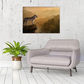 Tablou pe sticlă - Lup pe stăncă (70x50 cm)
