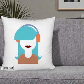 Perna Decorativa Fata cu Casti Muzica Grafic, 40x40 cm, Alb Pufos, Husa Detasabila, Perna Inclusa, BEKZ®