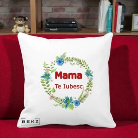 Cadou pentru Mama - Perna Personalizata Mama Te Iubesc Flori Albastre, 40x40 cm, Alba Mata, Husa Detasabila, Perna Inclusa, BEKZ®