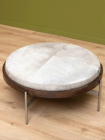 Taburet din piele de vacă gri și lemn de mango maro, cu structură din metal, formă rotundă, 42×96 cm, „Hike"