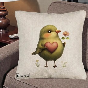 Perna Decorativa Pasare Verde cu Inima si Floare, 40x40 cm, Bej Canapea, Husa Detasabila, Perna Inclusa, BEKZ®
