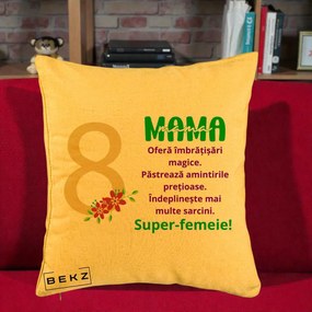 Cadou pentru Mama - Perna Personalizata Mama Super-Femeie cu Cifra 8 si Flori 8 Martie, 40x40 cm, Galben, Husa Detasabila, Perna Inclusa, BEKZ®