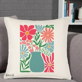 Perna Decorativa Flori in Vaza Turcoaz, 40x40 cm, Crem Reliefat, Husa Detasabila, Perna Inclusa, BEKZ®