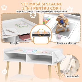 HOMCOM Set de Masă și Scaun pentru Copii, Masă de Activități pentru Copii Mici 3 în 1 cu Tablă de Construcție, 87x45x59.5 cm, Alb | Aosom Romania