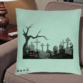 Perna Decorativa Halloween Cimitir Acuarela cu Dovleac, 40x40 cm, Verde Menta, Husa Detasabila, Perna Inclusa, BEKZ®