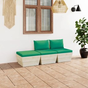 Set mobilier gradina din paleti, 3 piese, cu perne, lemn de molid Verde, 2x mijloc + suport pentru picioare, 1