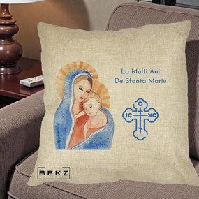Cadou de Onomastica - Perna Personalizata Sfanta Marie Icoana Acuarela, 40x40 cm, Crem, Husa Detasabila, Perna Inclusa, BEKZ®