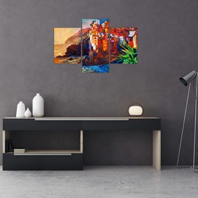Tablou - Satul de coastă Cinque Terre, Riviera italiană, impresionismul modern (90x60 cm)