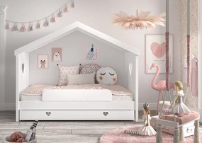 Pat Căsuță AMORI pentru Copii, 90x200 cm, Alb, cu Sertar și Protecție – Vipack