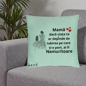 Cadou pentru Mama - Perna Personalizata Mama Nemuritoare Line Art, 40x40 cm, Verde Menta, Husa Detasabila, Perna Inclusa, BEKZ®