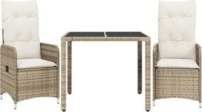 vidaXL Set bistro de grădină, 3 piese, cu perne, bej, poliratan