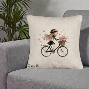 Perna Decorativa Fetita Kawaii pe Bicicleta cu Trandafiri si Inimioare, 40x40 cm, Bej Canapea, Husa Detasabila, Perna Inclusa, BEKZ®