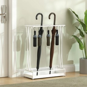 HOMCOM Suport Pentru Umbrele cu Tăviță Colectoare, 21 Orificii, 24 Cârlige, Oțel, 50x24x68 cm, Alb | Aosom Romania