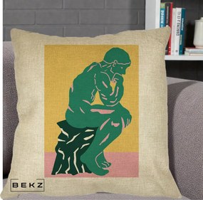 Perna Decorativa Ganditorul Sculptura Pop Art, 40x40 cm, Crem, Husa Detasabila, Perna Inclusa, BEKZ®