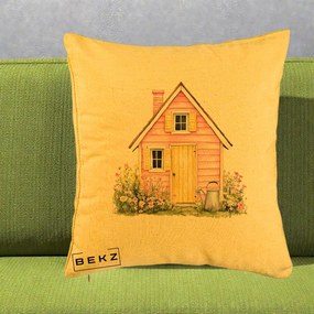 Perna Decorativa Casuta Roz Acuarela cu Gradina, 40x40 cm, Galben, Husa Detasabila, Perna Inclusa, BEKZ®