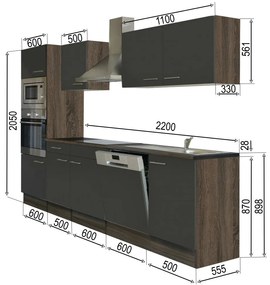 Mobilă de bucătărie Yorki cu corp din stejar Yorki, față antracit satinat, dimensiune 280 cm