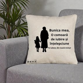 Cadou pentru Bunica - Perna Personalizata Bunica Mea Comoara Iubire Intelepciune Silueta, 40x40 cm, Bej Canapea, Husa Detasabila, Perna Inclusa, BEKZ®