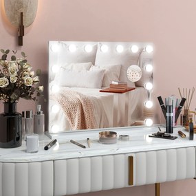 HOMCOM Oglindă de Machiaj cu LED-uri, 3 moduri de lumină, dimabilă, control tactil, USB, 58x48cm, Alb | Aosom Romania