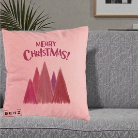 Perna Decorativa Merry Christmas Brazi Roz, 40x40 cm, Roz, Husa Detasabila, Perna Inclusa, BEKZ®