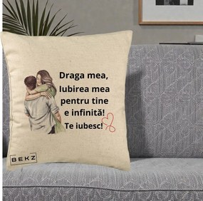Cadou pentru Iubita - Perna Personalizata Draga Mea Iubirea Mea Infinita Te Iubesc cu Cuplu Acuarela, 40x40 cm, Bej, Husa Detasabila, Perna Inclusa, BEKZ®