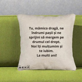 Cadou pentru Mama - Perna Personalizata Mamico Draga Te Iubim La Multi Ani cu Text Negru, 40x40 cm, Bej Canapea, Husa Detasabila, Perna Inclusa, BEKZ®