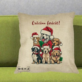 Perna Decorativa Caini cu Bonete Craciun Fericit, 40x40 cm, Crem, Husa Detasabila, Perna Inclusa, BEKZ®