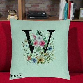 Cadou Personalizat - Perna Personalizata Monograma Florala Litera W, 40x40 cm, Verde Menta, Husa Detasabila, Perna Inclusa, BEKZ®