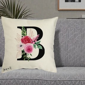 Cadou Personalizat - Perna Personalizata Monograma Florala Litera B, 40x40 cm, Ecru, Husa Detasabila, Perna Inclusa, BEKZ®