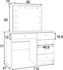 Masuta machiaj cu Oglinda LED si 5 Sertare pentru Cosmetice, Set Masa toaleta 110 cm, Alb, masuta cosmetica, vanity - SEA533