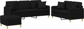 vidaXL Set de canapele cu perne, 3 piese, negru, textil