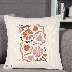 Perna Decorativa Life is a Balance Floral, 40x40 cm, Crem Reliefat, Husa Detasabila, Perna Inclusa, BEKZ®