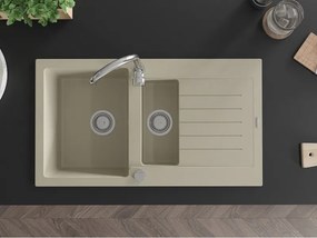 Mexen Matias chiuvetă de granit cu 1,5 compartimente și scurgător 900 x 505 mm, bej, sifon crom - 6502901505-69