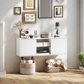 HOMCOM Mobilier Porta TV până la 55", Mobilier TV Suspendat sau pe Podea de 120 cm cu Uși Soft Close, Orificiu pentru Cabluri și Raft din Sticlă, pentru Sufragerie și Salon, Alb Efect Lemn | Aosom Romania