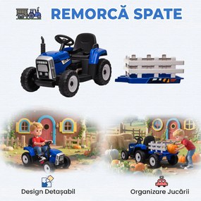 HOMCOM Tractor Electric pentru Copii cu Remorcă Detașabilă, Telecomandă, Port USB, Muzică și Lumini, 3-6 Ani, Albastru | Aosom Romania