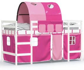 3207005 vidaXL Pat etajat de copii cu tunel, roz, 90x190 cm, lemn masiv pin
