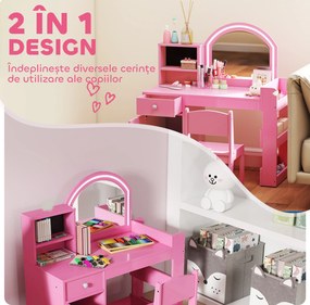 AIYAPLAY Set masă și scaun de machiaj pentru copii, cu lumini LED, MDF, Acril, 88.6 x 38.8 x 96.9, Roz | Aosom Romania