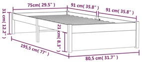 Cadru de pat Small Single 2FT6, alb, 75x190 cm, lemn masiv