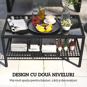 Outsunny Măsuță de Cafea din Ratan pe 2 Niveluri cu Raft, Blat din Sticlă Securizată, Măsuță de Exterior cu Cadru din Oțel, 92x50x45 cm, Negru | Aosom Romania