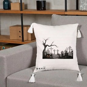 Perna Decorativa Halloween Cimitir Acuarela cu Dovleac, 40x40 cm, Bej cu Franjuri, Husa Detasabila, Perna Inclusa, BEKZ®