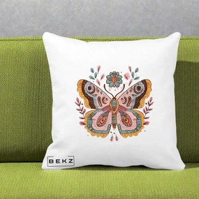 Perna Decorativa Fluture Boho Floral, 40x40 cm, Alba Mata, Husa Detasabila, Perna Inclusa, BEKZ®
