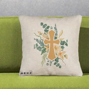 Perna Personalizata Cruce Florala Botez, 40x40 cm, Bej Canapea, Husa Detasabila, Perna Inclusa, BEKZ®