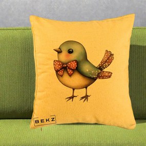 Perna Decorativa Pasare Bleu cu Fundita Rosie, 40x40 cm, Galben, Husa Detasabila, Perna Inclusa, BEKZ®